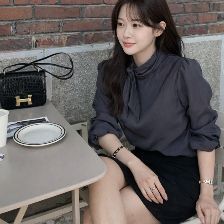 블리일리 그레이 레이스 텐셀 타이 블라우스 리본 스카프 봄 여름 하객룩 출근룩 나들이룩