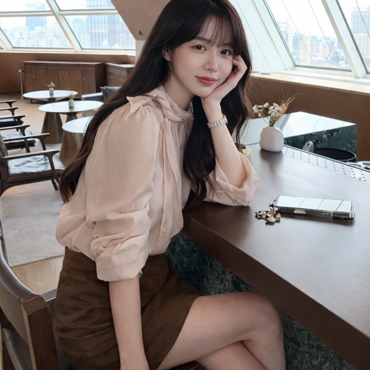 블리일리 핑크 레이스 텐셀 타이 블라우스 리본 스카프 봄 여름 하객룩 출근룩 나들이룩