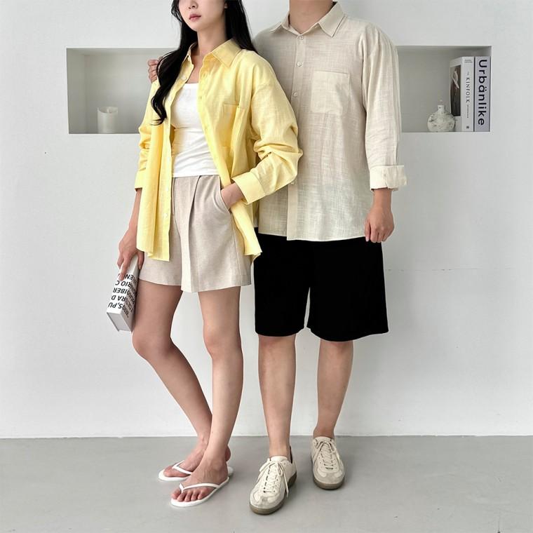 여름 린넨 커플오버핏 셔츠 데일리 썸머 하프팬츠룩