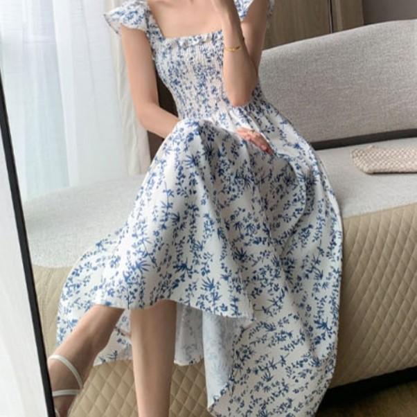 플라워 로맨틱 셔링 원피스 여름 치마 해변 비치룩 슬림 퍼프 스타일