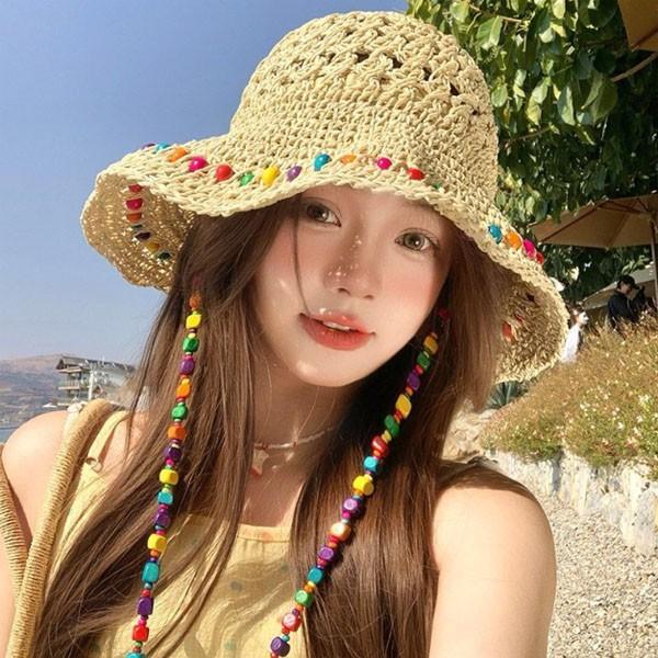 은창]레인보우 캔디 구슬 밀짚 모자 선캡 남여공용 썬캡 여름 버킷햇 여름 자외선차단 휴가 비치