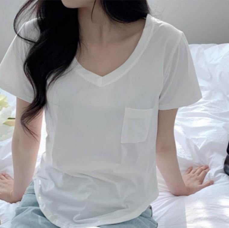 반팔티 반팔티셔츠 무지 여자 브이넥 포켓 기본 면티 여름 티셔츠