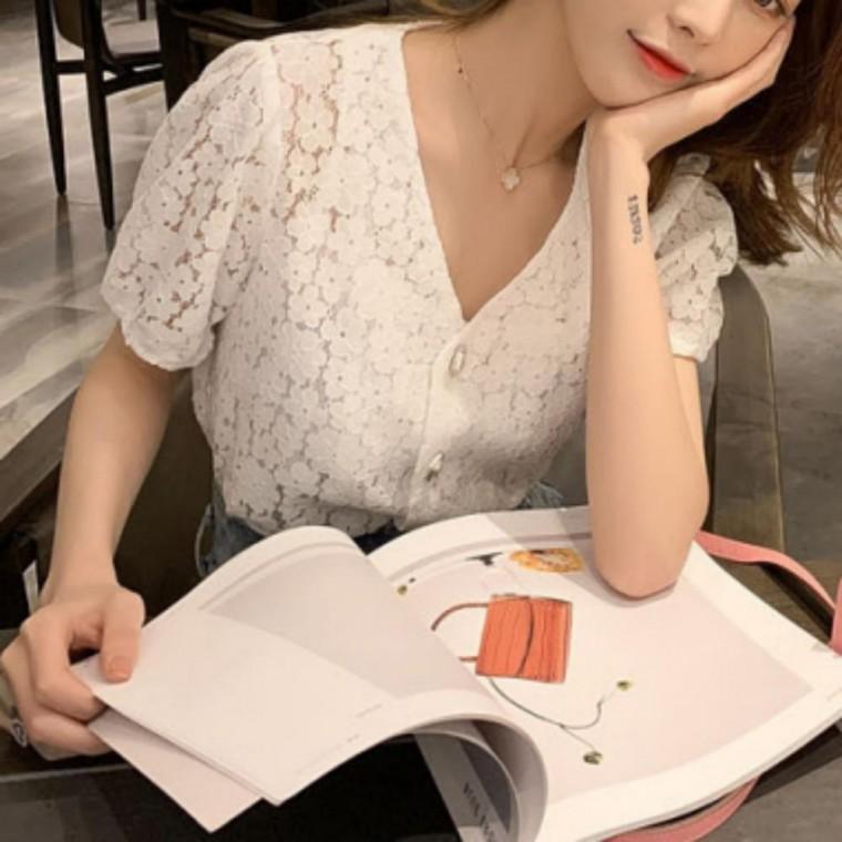 여성 브이넥 시스루 자수 블라우스 여름 에스닉 블라우스 하객룩