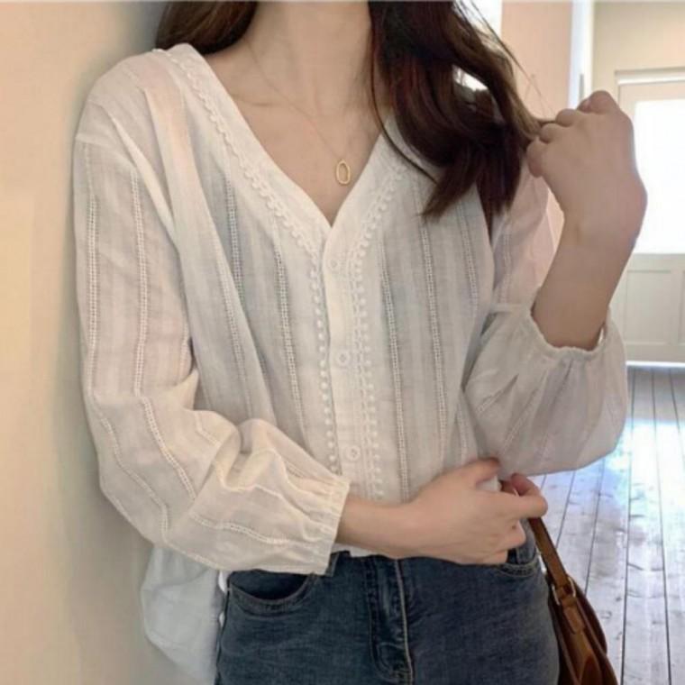 여성 브이넥 면 블라우스 여름 얇은 셔츠 루즈핏 데일리 블라우스