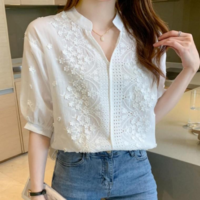 여성 브이넥 플라워 자수 블라우스 린넨 블라우스 여름 에스닉 셔츠