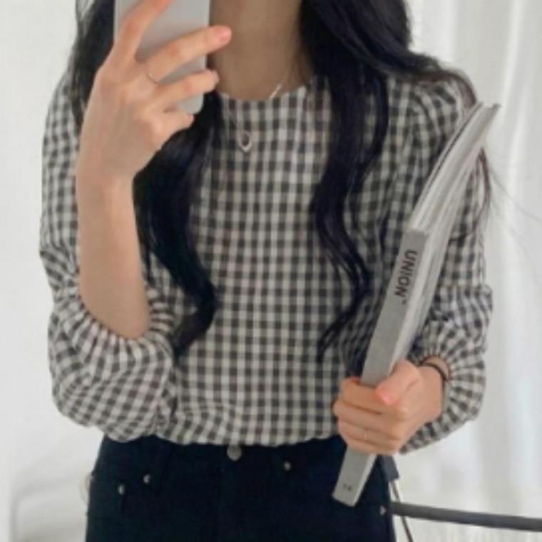 빈티지 체크 스퀘어넥 퍼프 블라우스 여리핏 여름 반팔 체크 셔츠