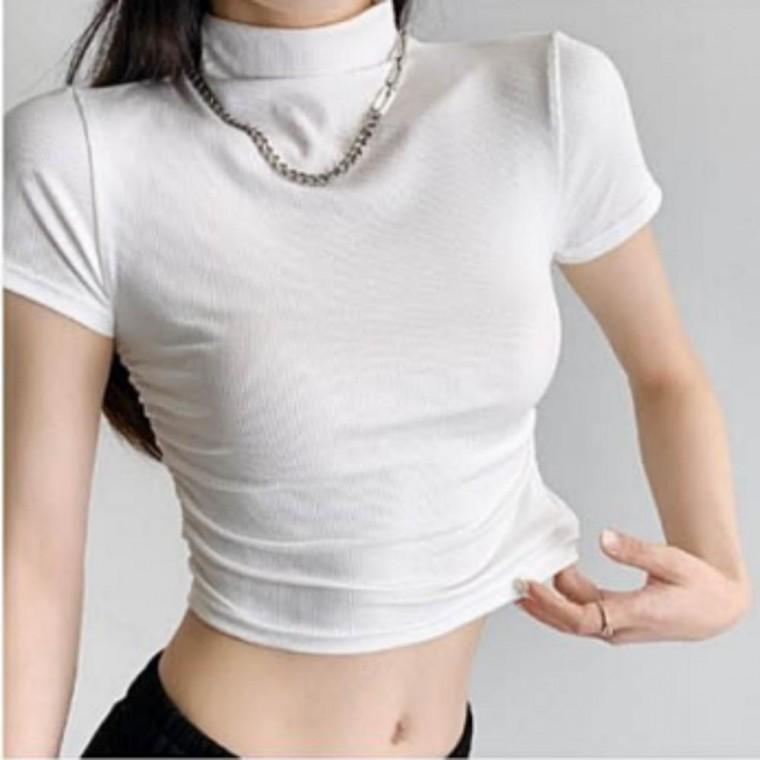 여성 여름 셔링 크롭 골지 반팔 티셔츠 슬림핏 숏 티셔츠 셔링티