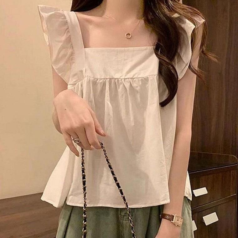 여자 프릴 리본 스퀘어넥 여름 블라우스