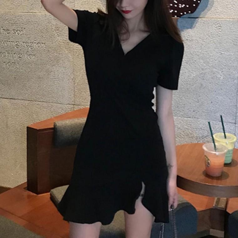 미니원피스 여성 V넥 하객룩 프릴 트임 블랙 여름