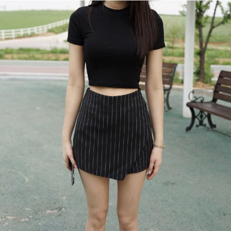 라운드넥 크롭 슬림핏 여름 반팔티 여자 무지 블랙