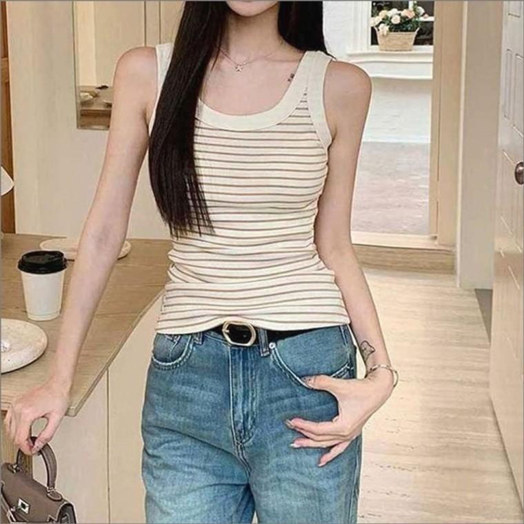 여름 민소매 여자 나시탑 스트라이프 이너 4컬러 배색 U넥