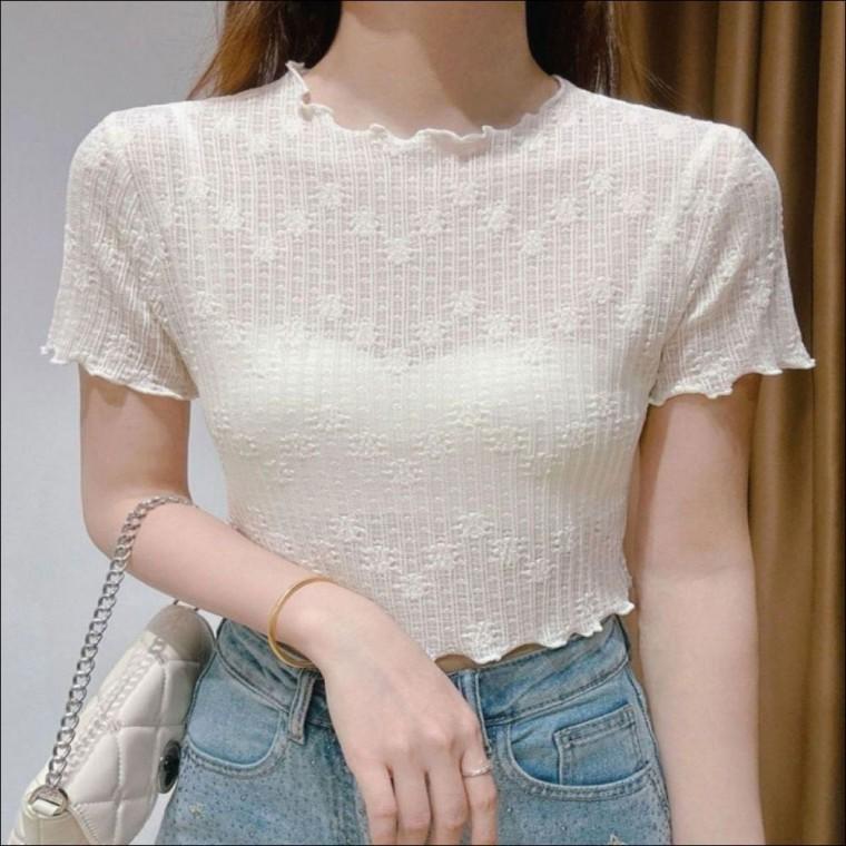 반팔티 여자 여름 시스루 크롭기장 프릴 이너 티셔츠
