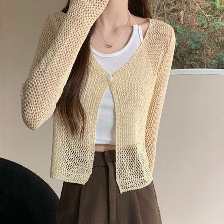 여름 여자 3컬러 그물 원버튼 가디건 메쉬 비치는