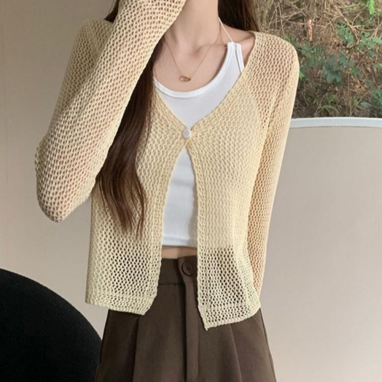 여름 얇은 메쉬 간절기 아우터 여자 원버튼 가디건