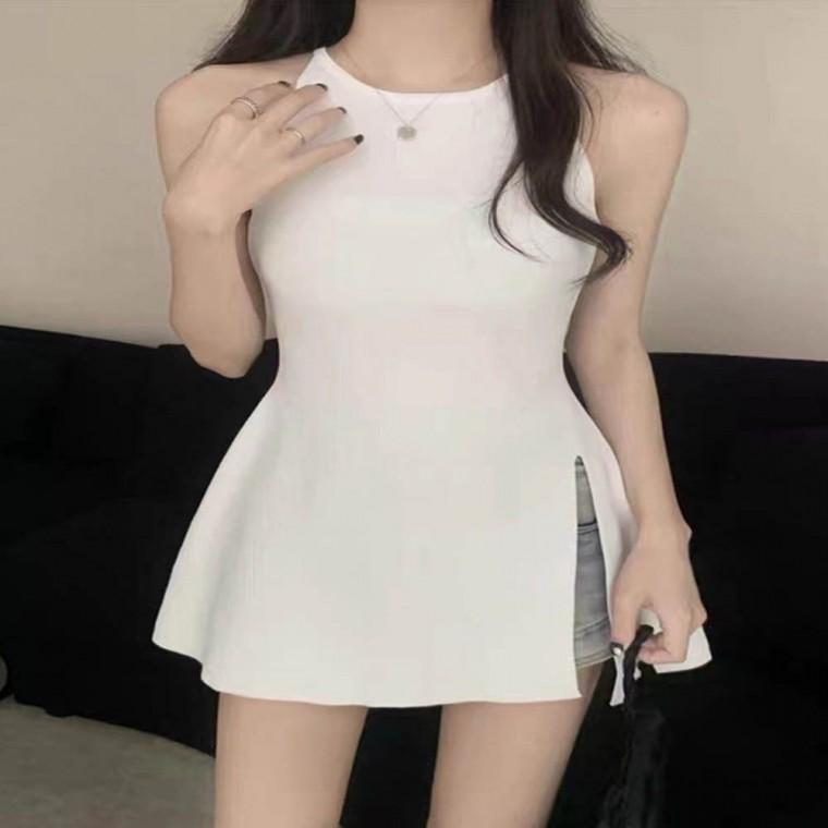 민소매 트임 슬림핏 나시 3색 여성 여름니트 홀터 롱