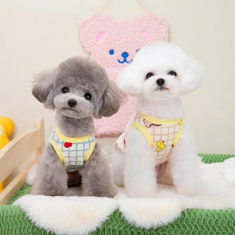 산책 강아지 체크 나시 여름 애견 캐릭터 나시티셔츠 반팔
