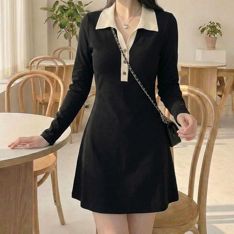 블랙 하객룩원피스 여름원피스 버튼 배색 롱원피스 DA-1006597