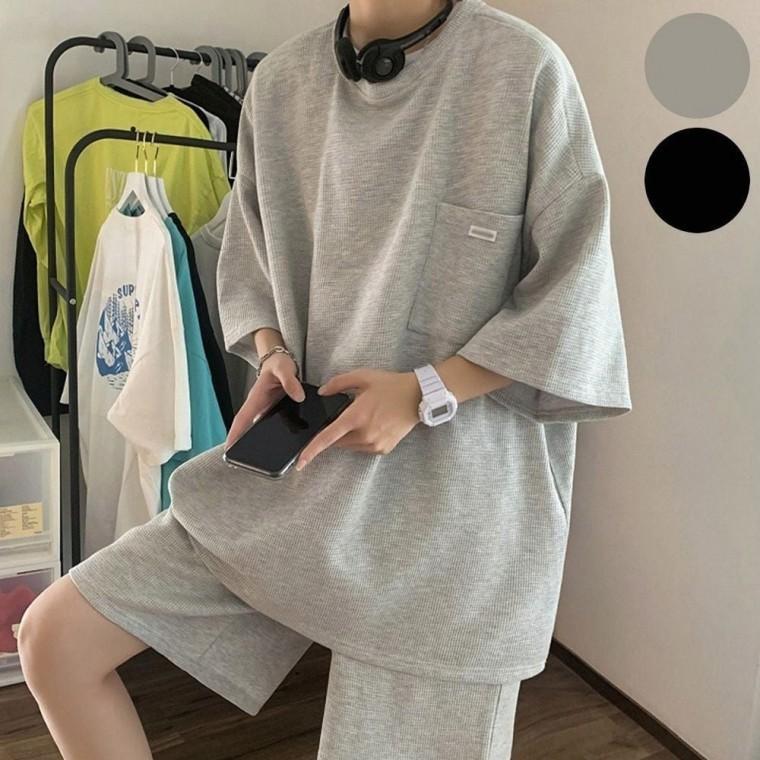 반팔 오버핏 남자 와플 여름 반바지 데일리 세트