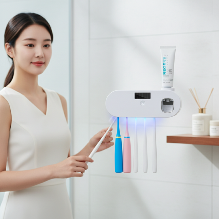 퓨어온 태양광 거치대 휴대용 칫솔살균기 화이트 UVC LED 100