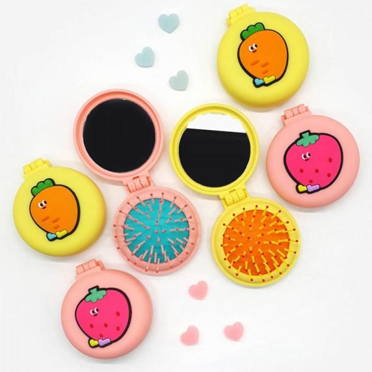 휴대용 빗 거울 세트 당근 딸기 디자인 브러시 손거울 외출용 소지품 뷰티 소품