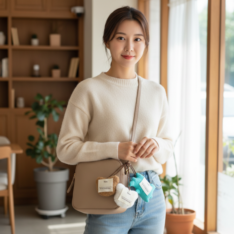 귀여운 곰돌이 가방키링 4개세트 백참 가죽스트랩 네임택 가방고리