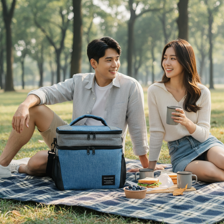 알로팜 피크닉 보온보냉 도시락 가방 블루 옥스퍼드 방수 파우치