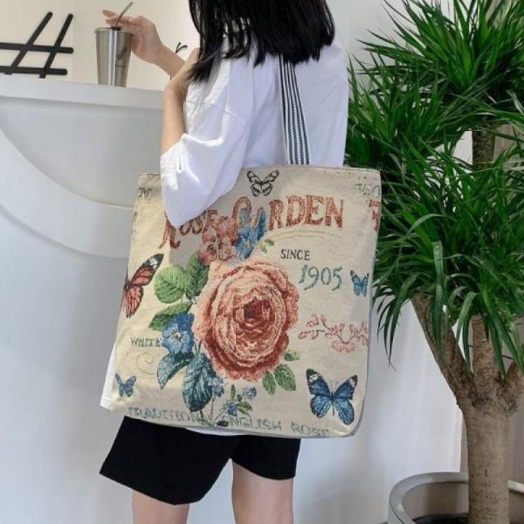 플라워 여성 숄더백 직조 캔버스 숄더백 데일리 에코백 가벼운 가방