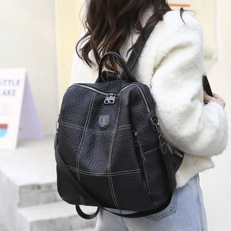 데일리 포인트 블랙백팩 가방 스티치 가죽 출근 인조