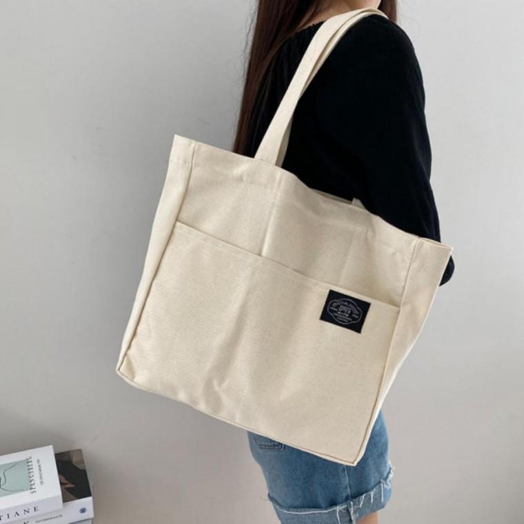 여성 데일리 무지 더블 포켓 숄더백 에코백 캔버스 가방