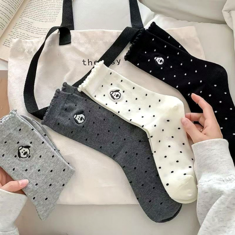 [쓰러담아] 도트 댕댕이 양말 여성 장목 중목 앵클 삭스 포인트 패션 니삭스 긴목 캐주얼 패턴