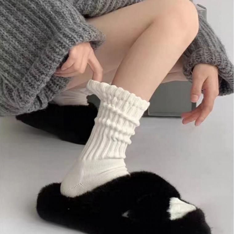 코튼 여자 면 삭스 4P 골지 중목 긴목 무지 양말