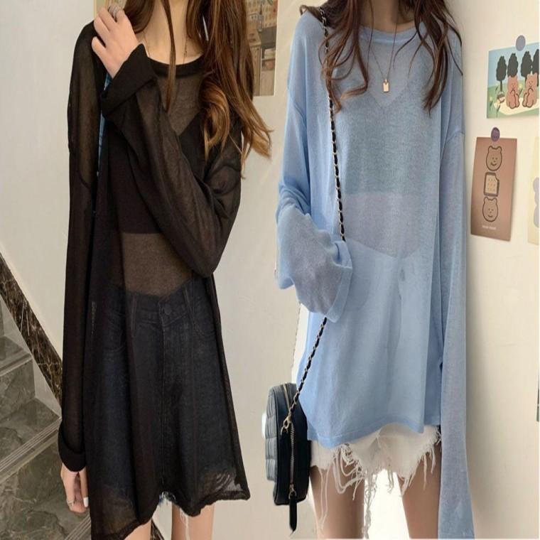 여성 루즈핏 라운드넥 여름 긴팔 티셔츠 여름긴팔티셔츠 쿨긴팔티셔츠 비치웨어티셔츠 시스루티셔츠