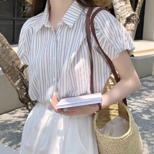 은창]파도 소리 스트라이프 캡소매 블라우스 셔츠 여름 상의 여름 퍼프 반팔 상의 블라우스 티셔츠 셔츠