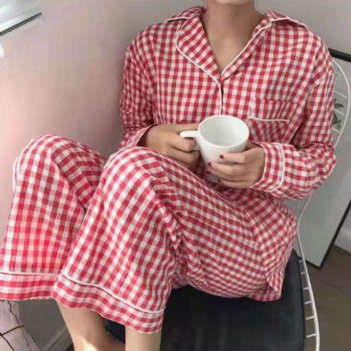 여자 체크H 실내복여성 여성파자마 겨울 여성홈웨어 잠옷 긴팔 여름 세트