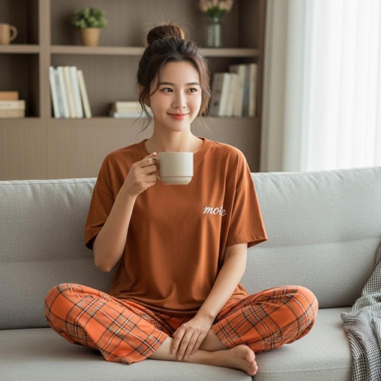 체크 여성잠옷 긴바지 여성라운지웨어 실내복여성 편한잠옷 여름잠옷
