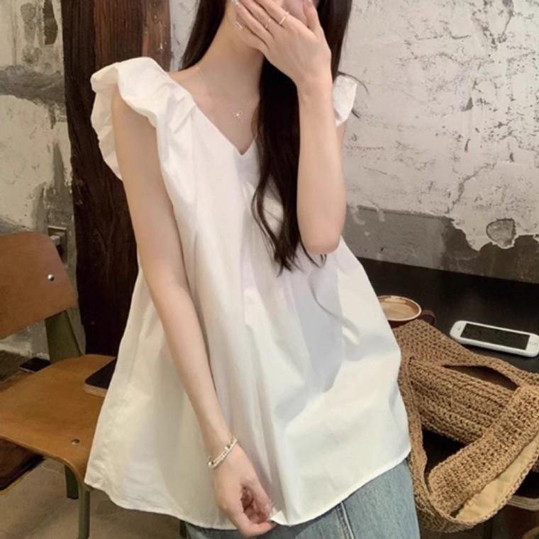 2색 블라우스 여리여리 여성 벌룬 민소매 여름 셔츠 나시