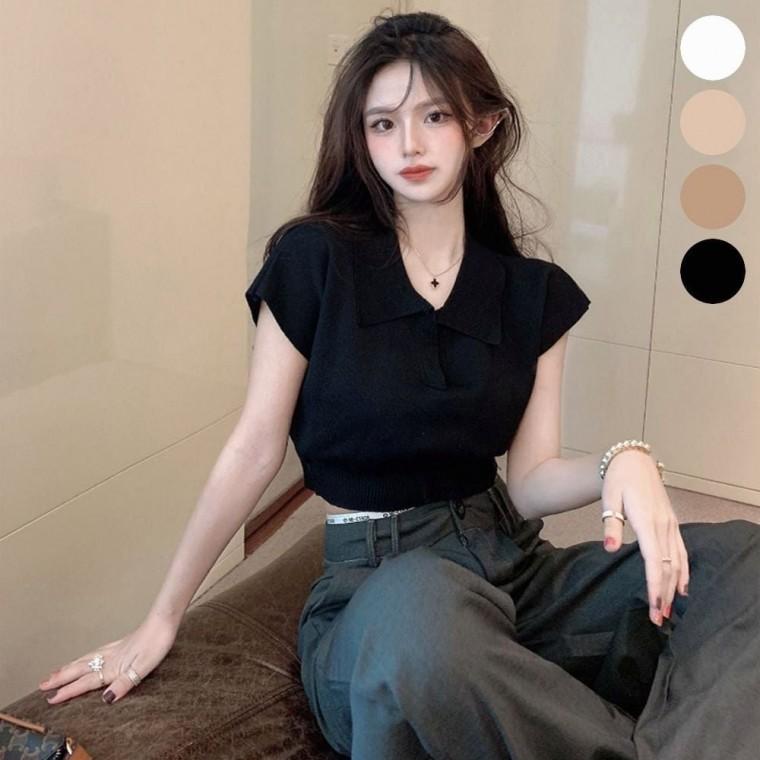 카라 여자 크롭 여리여리 여름니트 반소매 반팔티