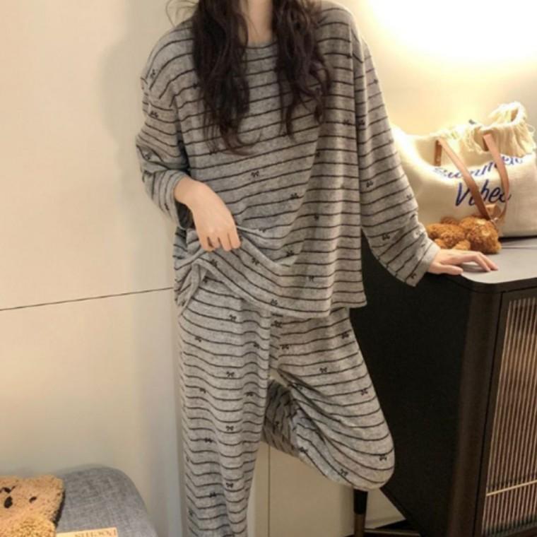 여름잠옷 여성홈웨어 스트라이프 여성라운지웨어 포인트 리본