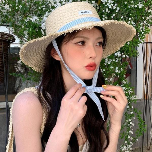 은창]소다 체크 피크닉 타이 햇 선캡 모자 썬캡 여름 밀짚 왕골 나들이 여성 성인 여자 햇빛 벙거지 사파