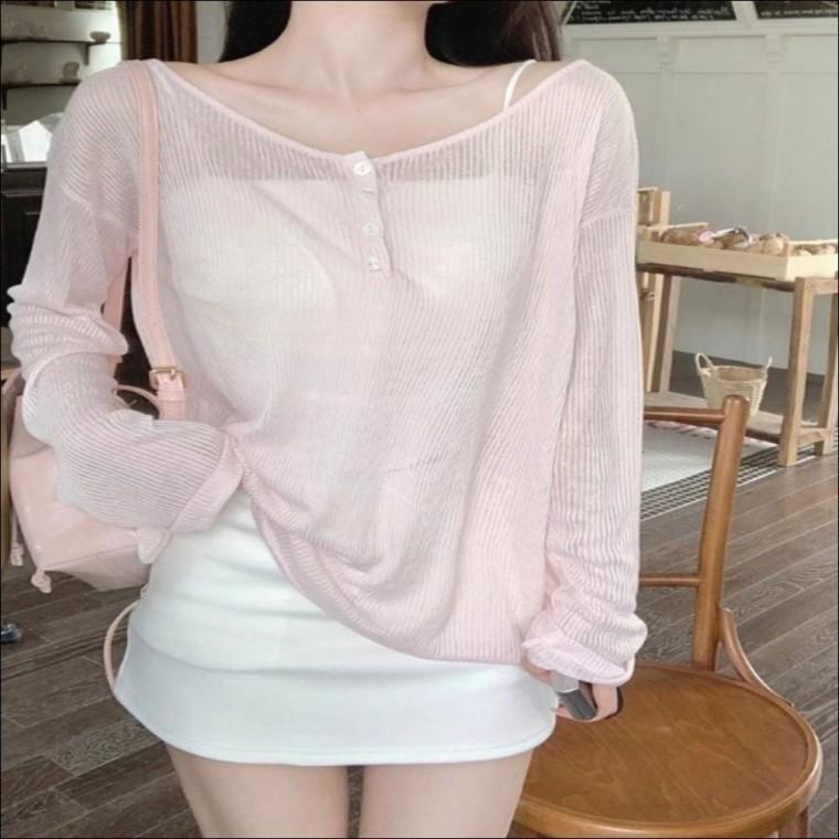 시스루 베이비핑크 긴팔티셔츠 여름 여리핏 얇은 여자