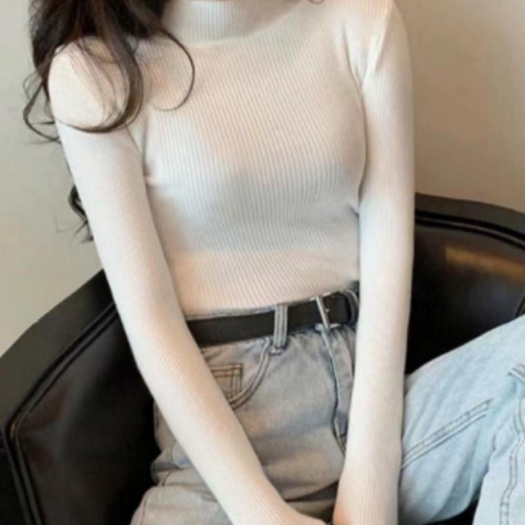 여성 겨울 가을 긴팔 이너 골지 미드넥 슬림핏 티셔츠 셔츠 운동복 티 니트 여성 롱 무지 여름 남자
