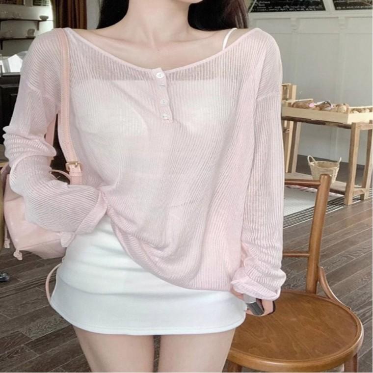 긴팔티셔츠 여리핏 여름 여자 베이비핑크 얇은 시스루