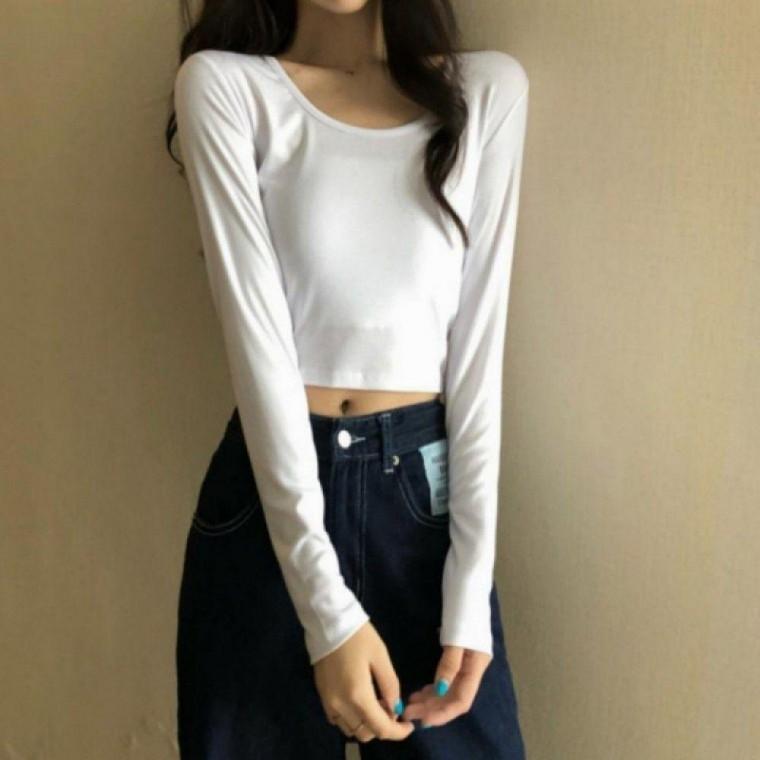 여성 슬림핏 긴팔 티셔츠 세미 크롭 기본 상의 긴팔티 봄 여성 티셔츠 긴팔 티 크롭 라운드 여름 무지