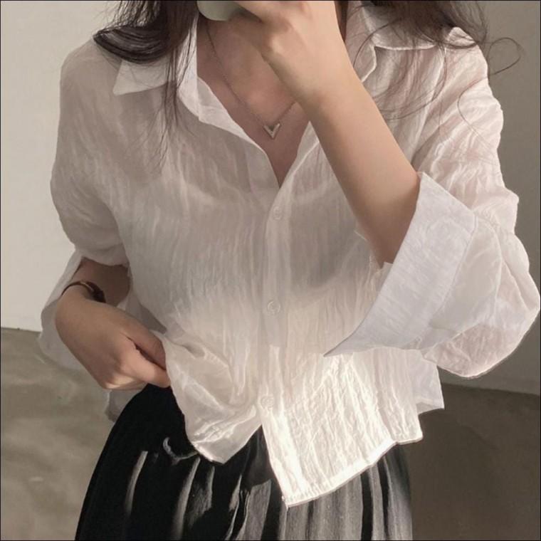3색 여름 소매 블라우스 여성 시스루 롤업 남방 루즈핏 얇은