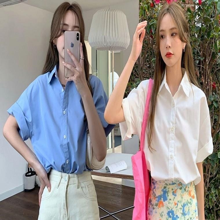 루즈핏 시원한 남방 소매 셔츠 여자 여름 롤업 반팔