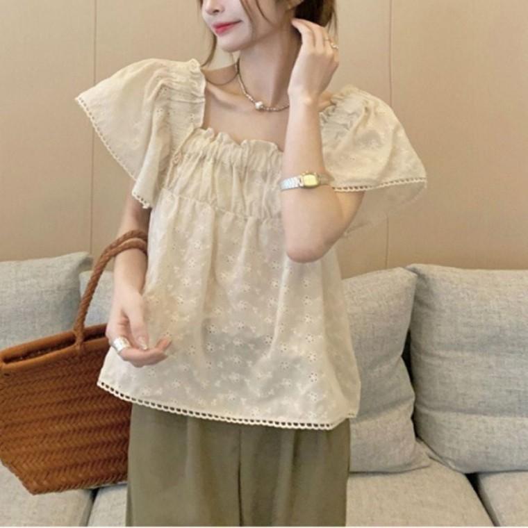 여름 레이스 여성 반팔 블라우스 청순룩 프릴 펀칭