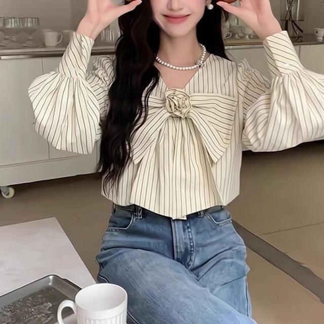스트라이프 리본 여성 셔츠 여름 블라우스 러블리 페미닌