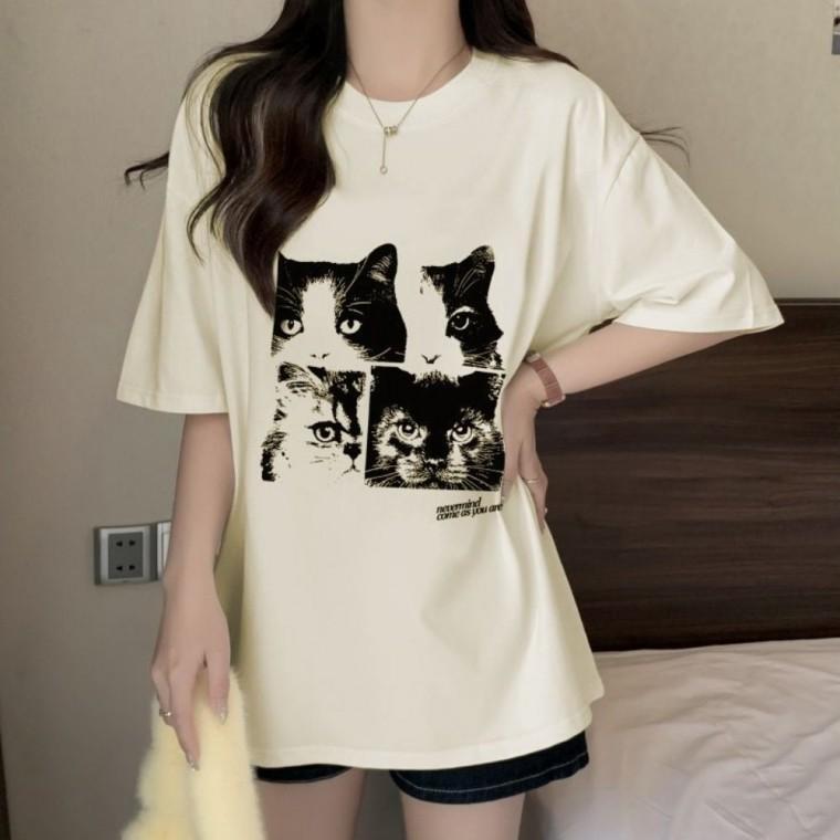 티셔츠 루즈핏 반팔티 고양이 여름 여성 라운드넥