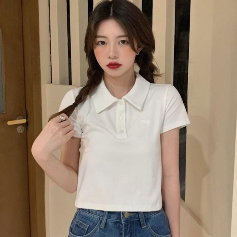 여자 세미크롭 여름 카라 3컬러 반팔 티셔츠 자수