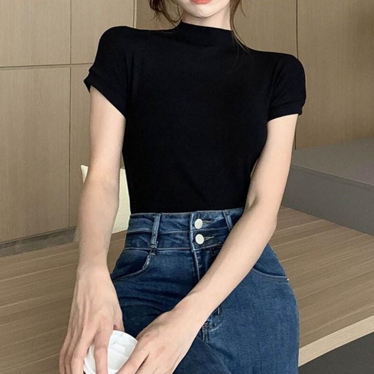 2 여름 여성 캡소매 하프넥티셔츠 반목 슬림핏 기본티